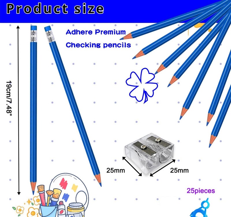 Adhere 25pcs Checking Pencils Erasable colored Pencils Pre-Sharpened #2 HB,for Checking Tests Grading,Map Coloring, editing Office Favors,including a Free sharpener. (Blue) - Image 2